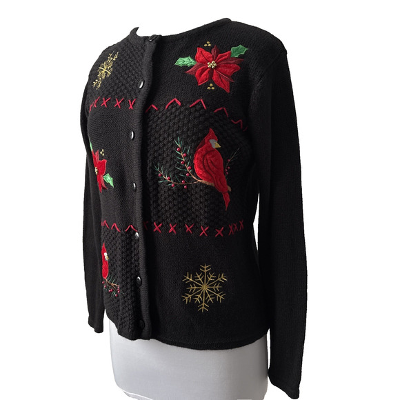 Womens Petite S Embroidered Red Cardinal Beaded Christmas Cardigan Sweater Retro - Picture 1 of 9